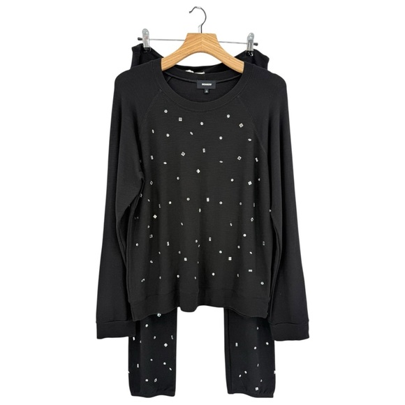 Monrow NEW Gem Embellished Supersoft Vintage Sweats Sweatshirt Pant Set Black L - Picture 1 of 10
